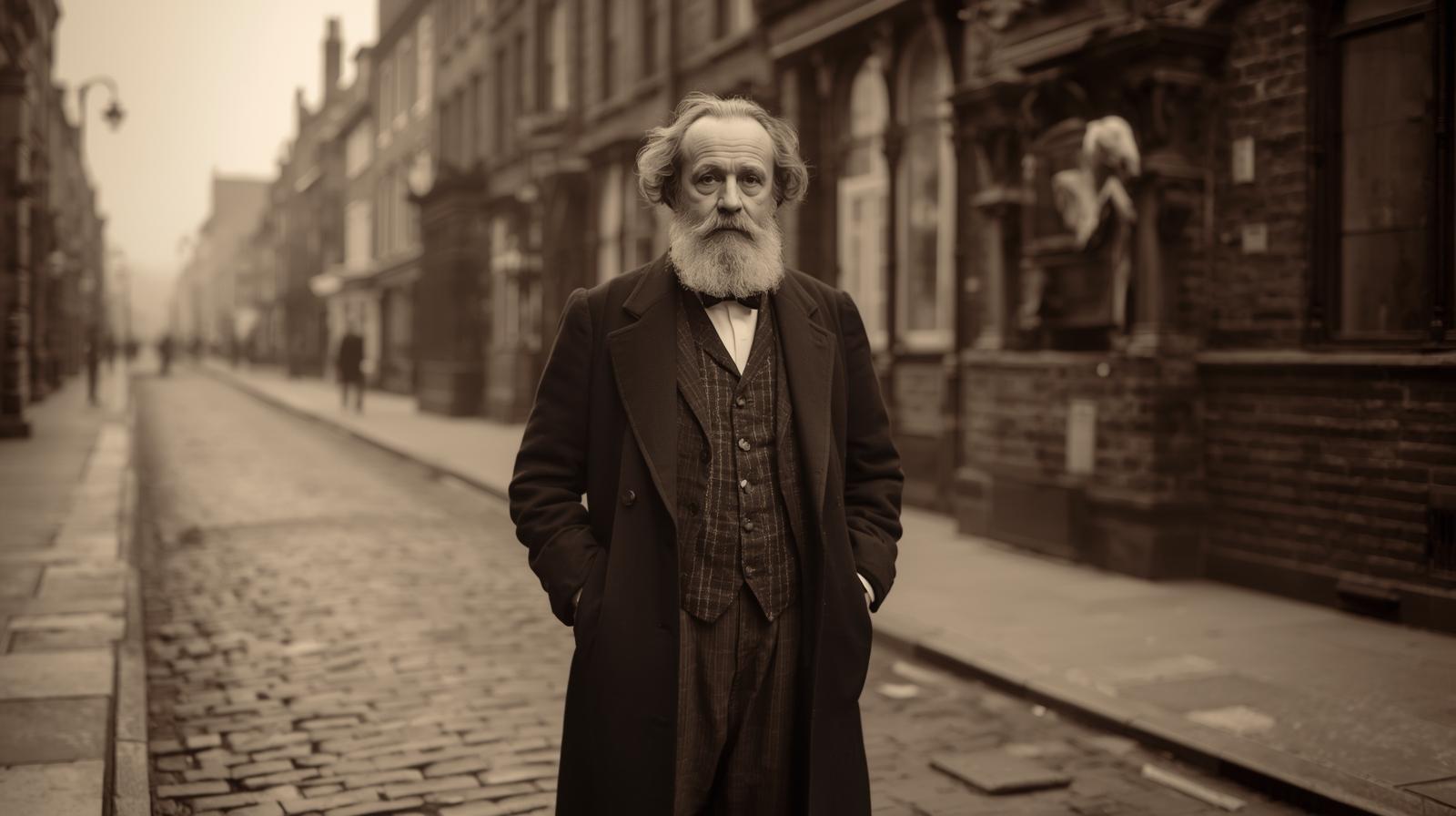An AI generated black and white image of Charles Dickens standing in a period street of Doncaster South Yorkshire