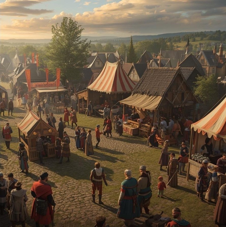 An AI generated image of a Medieval Fair, showing people visiting stalls in a cobbled market place